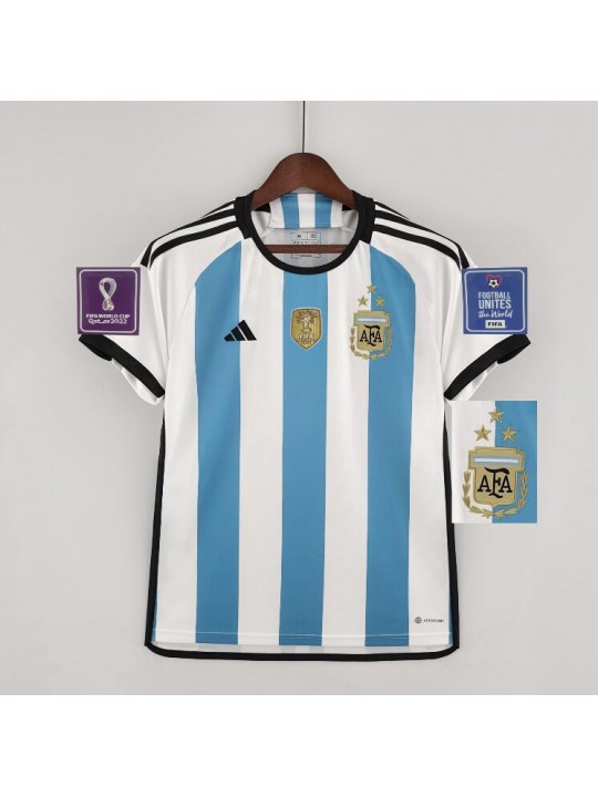 CAMISETA ARGENTINA PRIMERA EQUIPACIÓN Mundial Qatar 2022 Niño 3 Estrellas